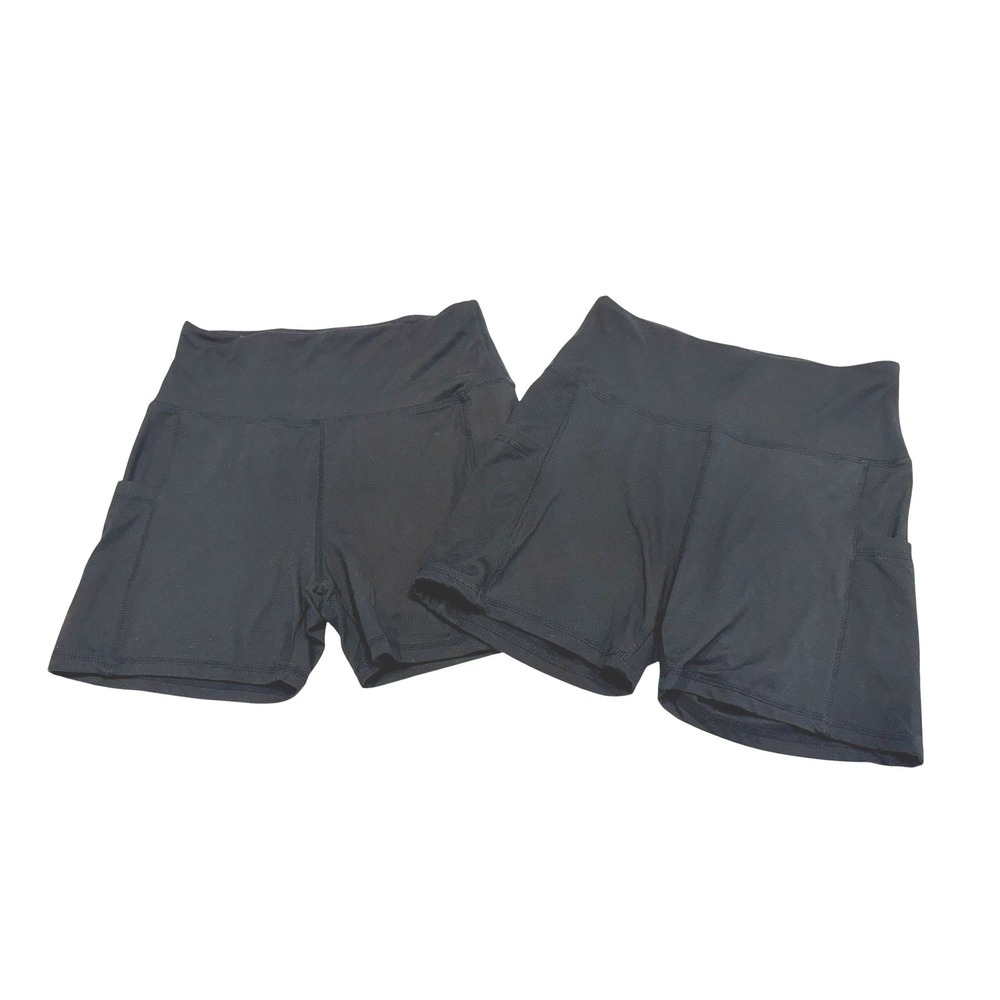 Womens Black High Waisted Athletic Yoga Biker Shorts with Pockets Small 2 Pack